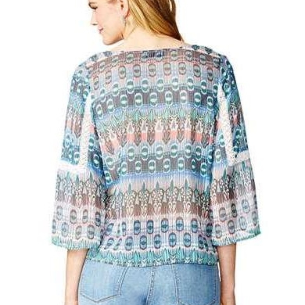 Jessica Simpson Tabitha Peasant Boho Crochet Trim Tassle Tie Top - Picture 2 of 2